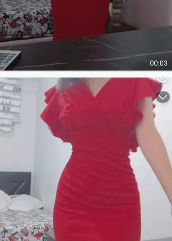 V Yaka Kırmızı Midi Kalem Elbise - Görsel 6