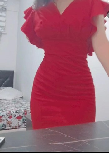 V Yaka Kırmızı Midi Kalem Elbise - Görsel 7