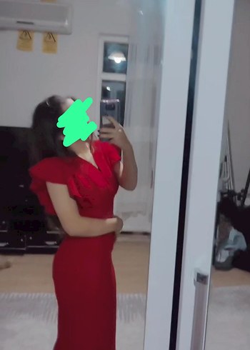 V Yaka Kırmızı Midi Kalem Elbise - Görsel 3