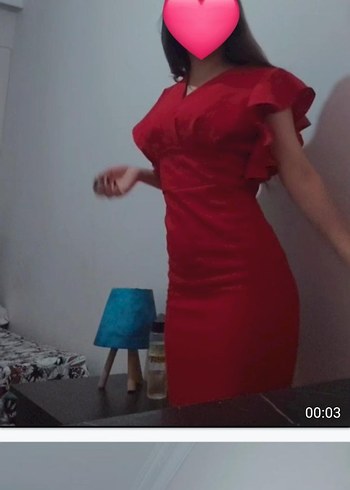 V Yaka Kırmızı Midi Kalem Elbise - Görsel 4