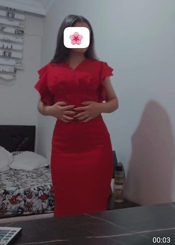 V Yaka Kırmızı Midi Kalem Elbise - Görsel 8