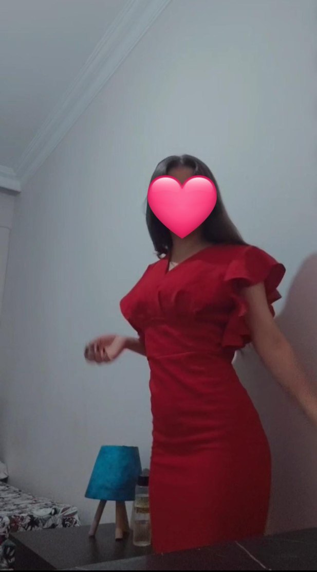 V Yaka Kırmızı Midi Kalem Elbise - Görsel 2