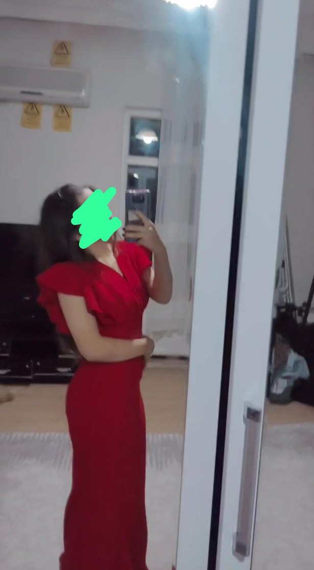 V Yaka Kırmızı Midi Kalem Elbise - Görsel 3