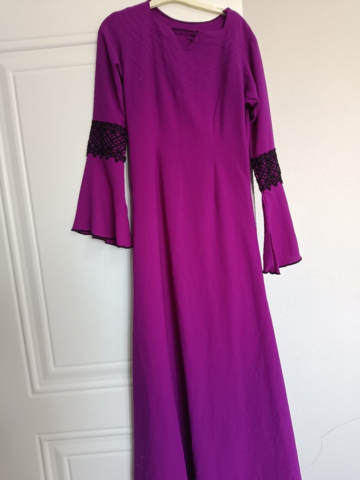 Mor V Yakalı Uzun Kollu Kadın Elbise - Görsel 4