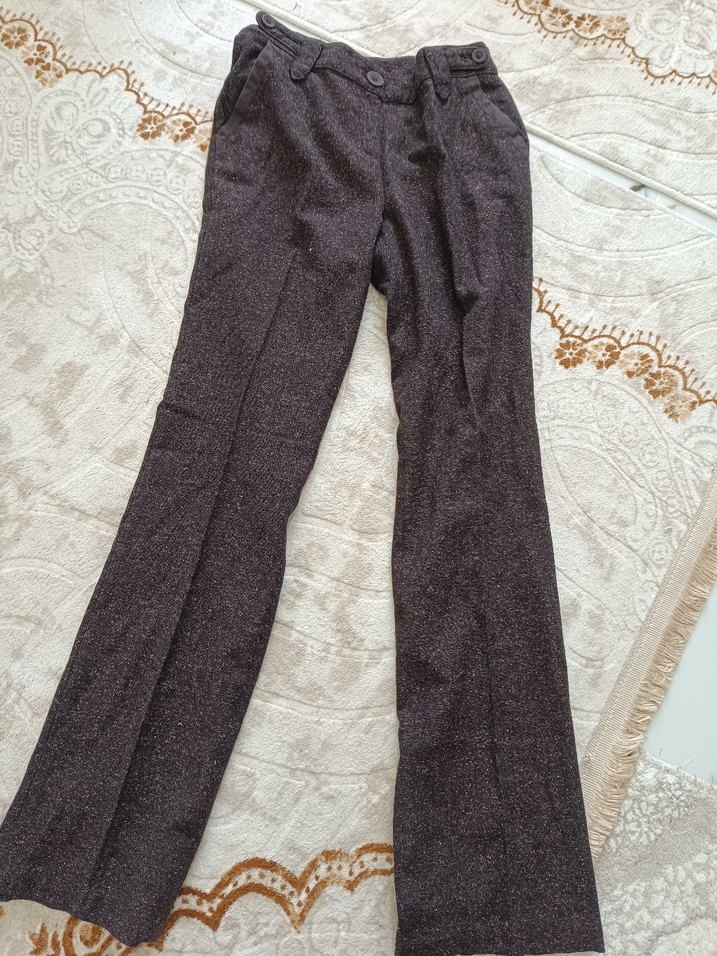 Düğmeli Kahverengi Kadın Yün Kumaş Pantolon - Görsel 3