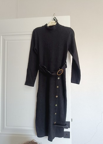 Siyah Yünlü Kemerli Uzun Elbise - Görsel 3