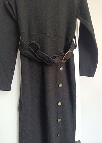 Siyah Yünlü Kemerli Uzun Elbise - Görsel 2