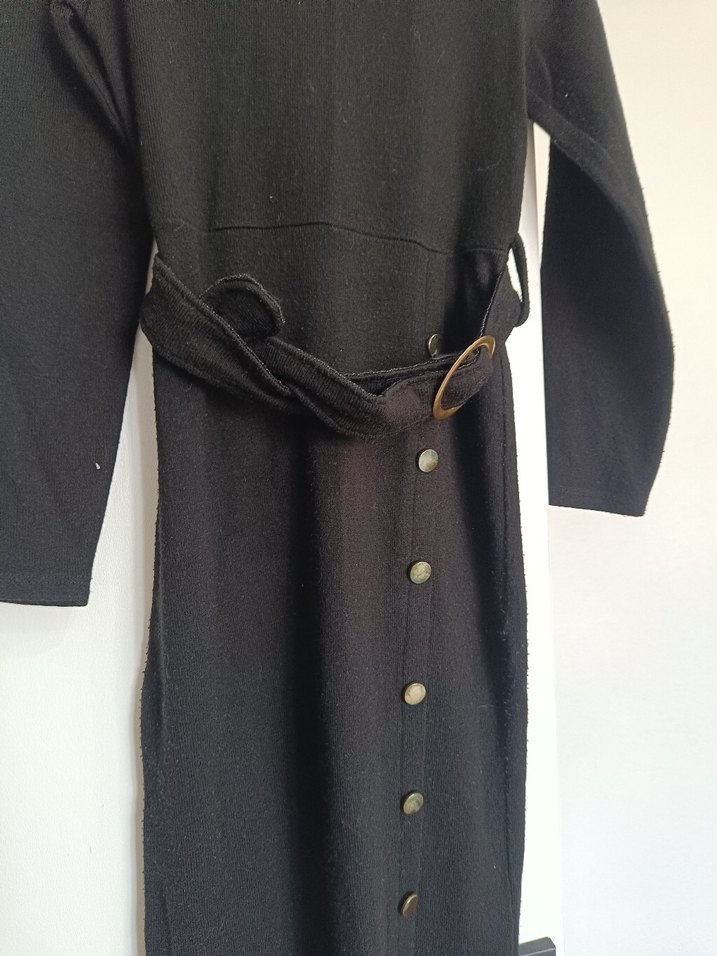 Siyah Yünlü Kemerli Uzun Elbise - Görsel 2