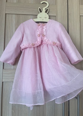 Pembe Kız Çocuk Keten Nakışlı Elbise