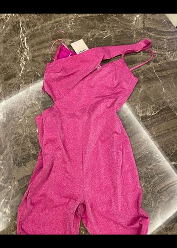 36 Beden etiketli Pembe Parlak Uzun Askılı Tulum