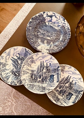 American Vintage Mavi Beyaz Vintage Manzarali Seramik Tabak Seti