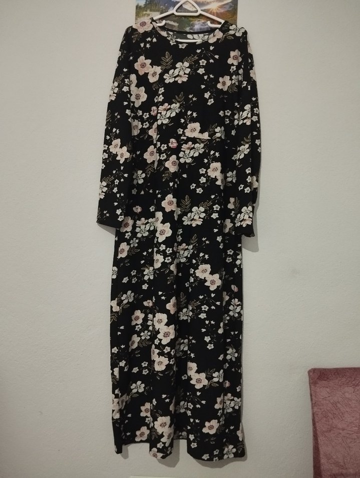 Siyah Çiçekli Uzun Bohem Elbise - Görsel 2