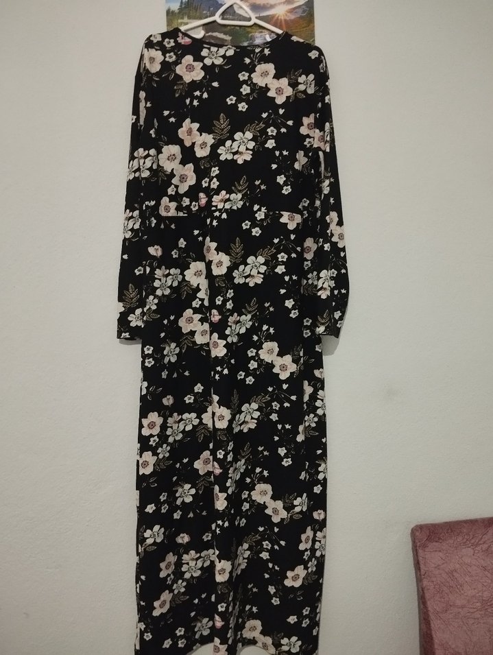 Siyah Çiçekli Uzun Bohem Elbise - Görsel 5