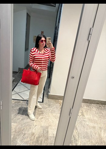 Kırmızı Çizgili Örgü Mini Kadın Ceket - Görsel 4