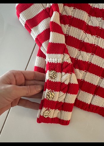 Kırmızı Çizgili Örgü Mini Kadın Ceket - Görsel 3