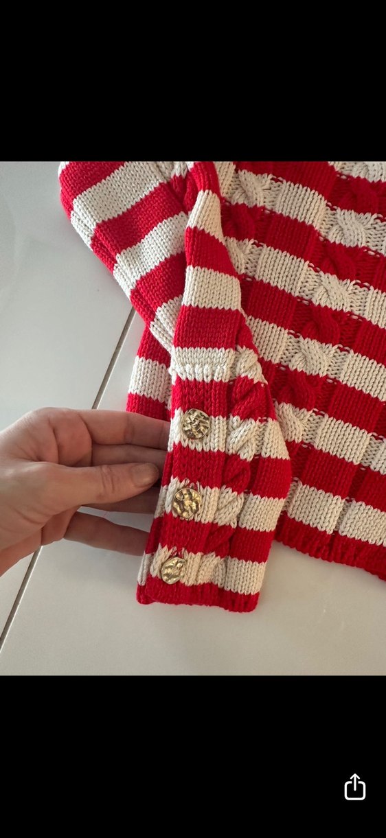 Kırmızı Çizgili Örgü Mini Kadın Ceket - Görsel 3