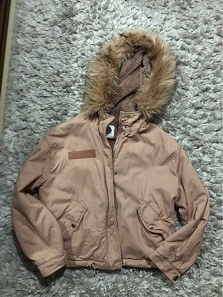 Bershka L Beden uçuk pembe oversize kürklü mont