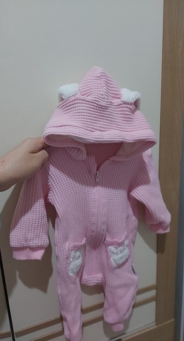 Kapüşonlu Pembe Bebek Tulumu Kulaklı - Görsel 4