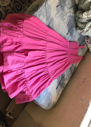 Pembe Uzun Fırfırlı Straplez Elbise - Görsel 3