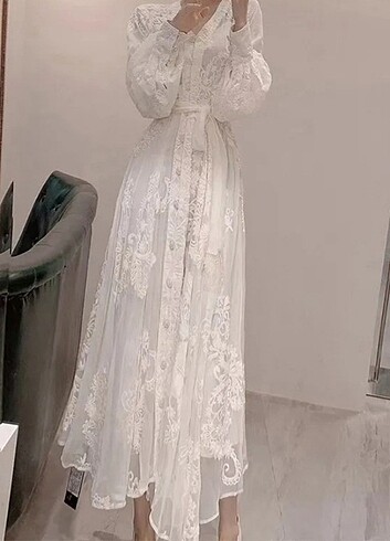 Beyaz Dantel uzun Abiye elbise