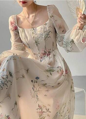 m Beden Kore tarzı çiçekli vintage elbise