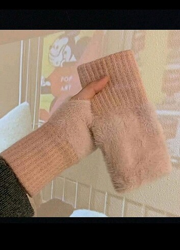 Tüylü Peluş Pofuduk Eldiven Parmaksız pembe