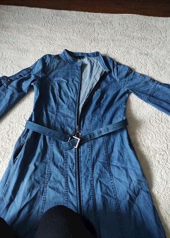 Diğer Kemerli Koyu Mavi Uzun Denim Elbise pardesü