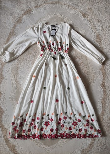 BSL FASHION Nakışlı Uzun Kollu Bohem Elbise