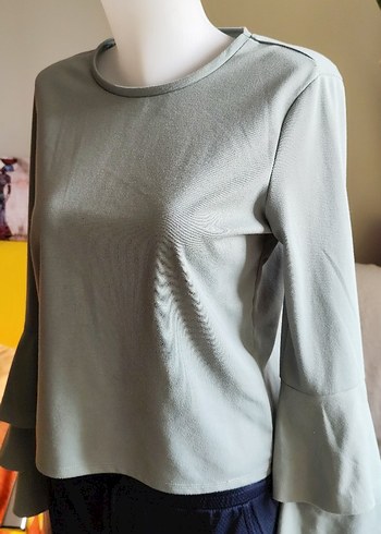 m Beden gri Renk Uçuk yeşil Volanlı Uzun Kollu Kadın Bluz
