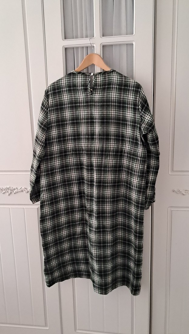 Düğmeli Ekoseli zeytn yeşili gri karşık Uzun Kadın Tunik. - Görsel 2