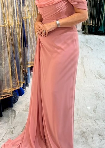 42 Beden Alfabeta nişantaşı Pudra Pembe Drapeli Uzun Abiye Elbise