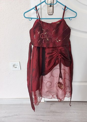 Diger Bordo Nakışlı Kız Elbise