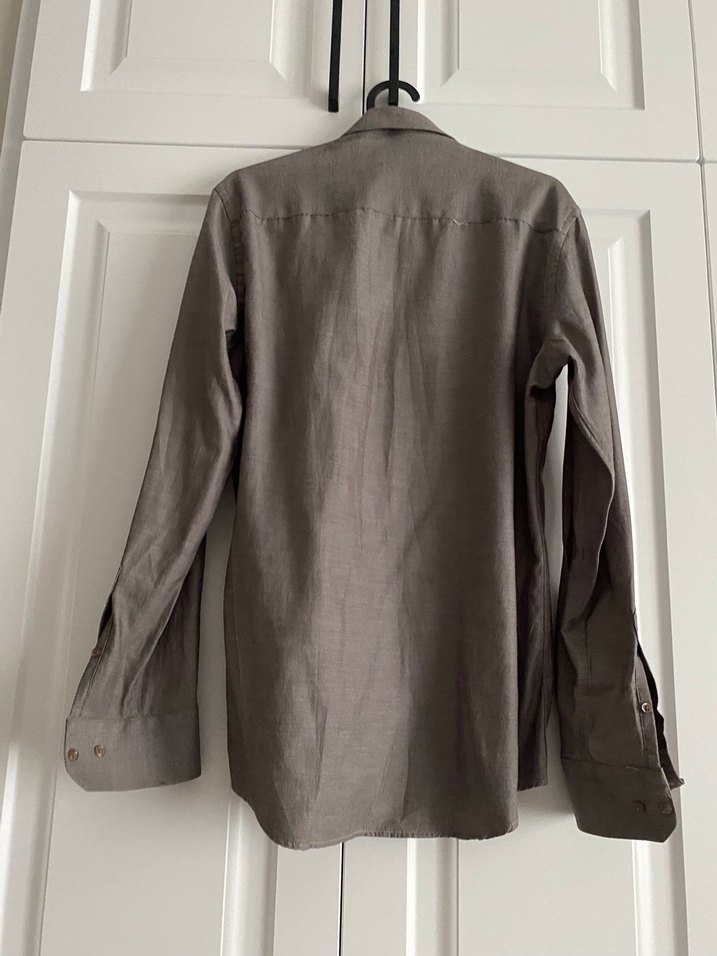 Gri Keten Uzun Kollu Erkek Gömlek - Görsel 3