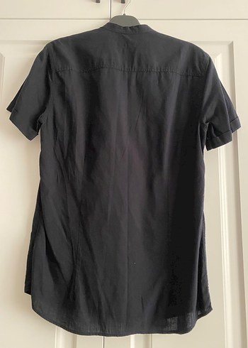 Siyah Kısa Kollu Keten Gömlek - Görsel 3