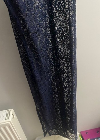 Lacivert Dantel V Yakalı Uzun Elbise - Görsel 5