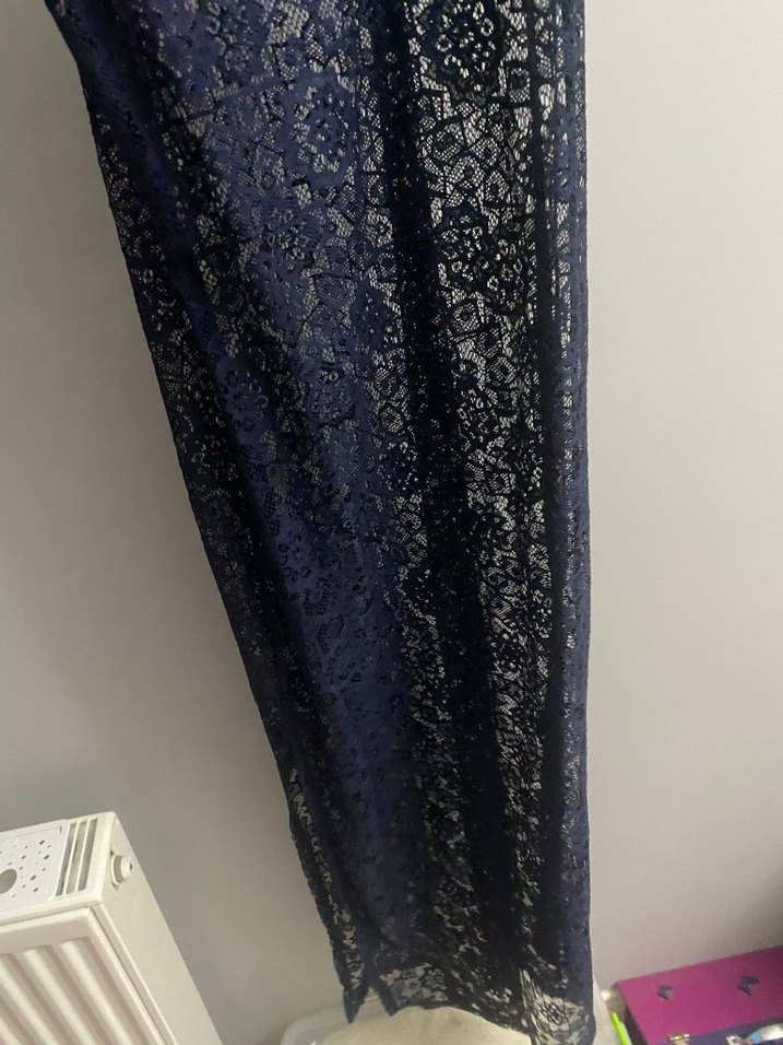 Lacivert Dantel V Yakalı Uzun Elbise - Görsel 5