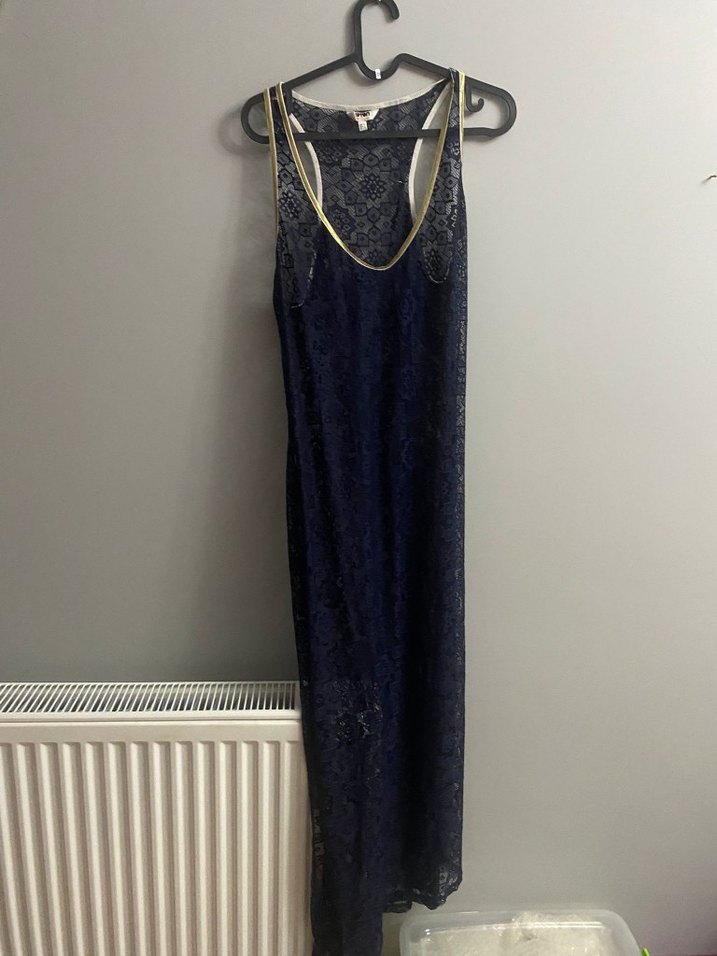 Lacivert Dantel V Yakalı Uzun Elbise - Görsel 4