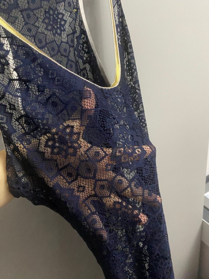 Lacivert Dantel V Yakalı Uzun Elbise - Görsel 3