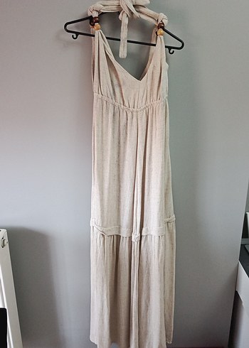 Bej Uzun Keten Bohem Elbise - Görsel 4