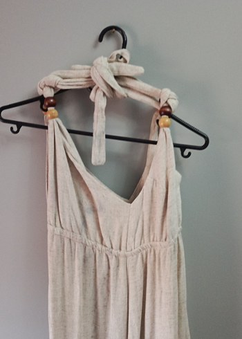 Bej Uzun Keten Bohem Elbise - Görsel 5