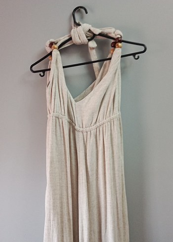 Bej Uzun Keten Bohem Elbise - Görsel 3