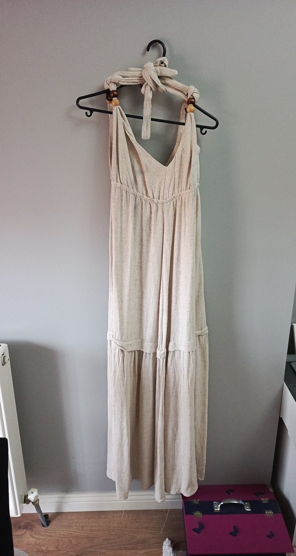 Bej Uzun Keten Bohem Elbise - Görsel 4