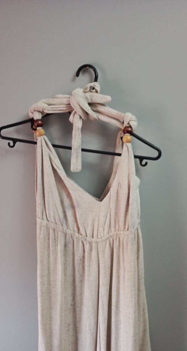 Bej Uzun Keten Bohem Elbise - Görsel 5