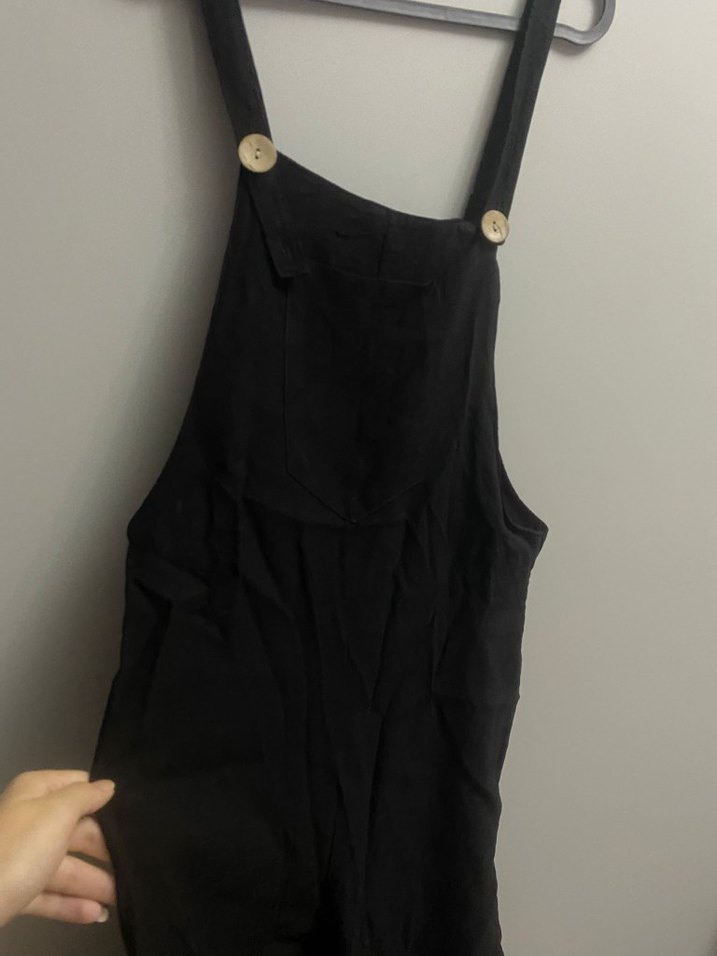 Siyah Keten Midi Askılı Bol Tulum - Görsel 4