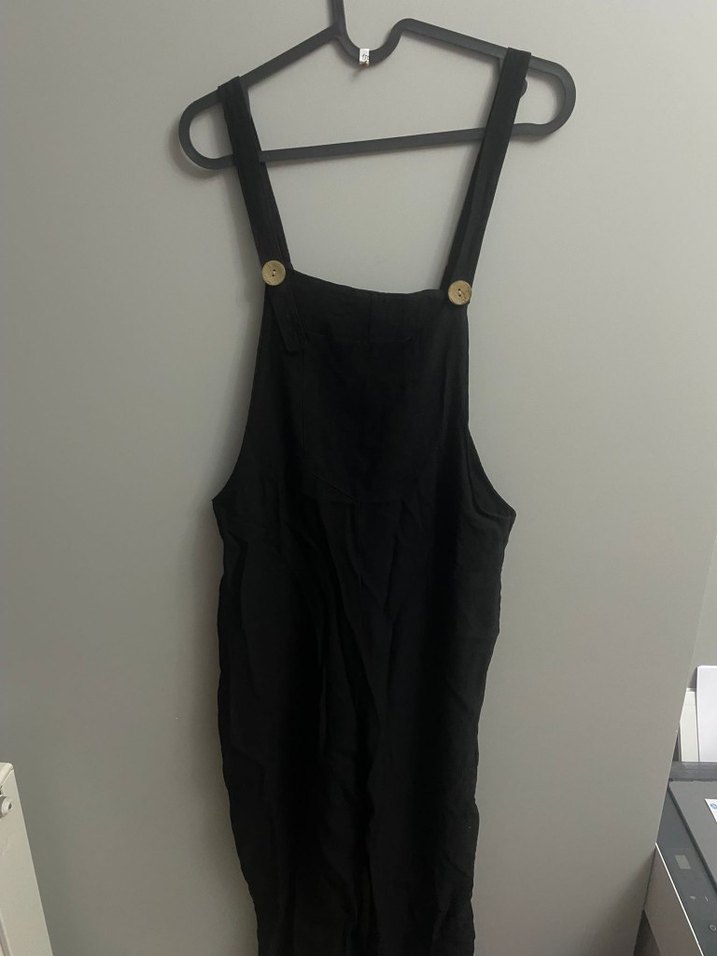 Siyah Keten Midi Askılı Bol Tulum - Görsel 2