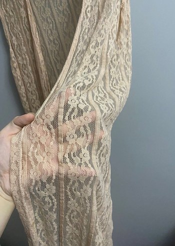 Bej Dantel Detaylı Uzun Kadın Hırka - Görsel 3