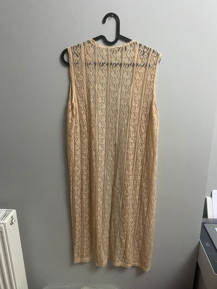 Bej Dantel Detaylı Uzun Kadın Hırka - Görsel 2