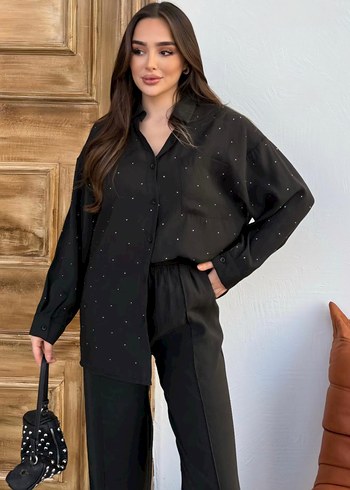 Taş Detaylı Parıltılı Gömlek Beli Lastikli Pantolon Takım