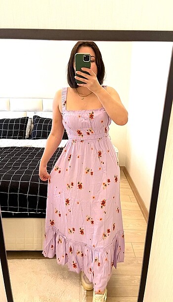 Lila askılı beli büzgülü midi elbise