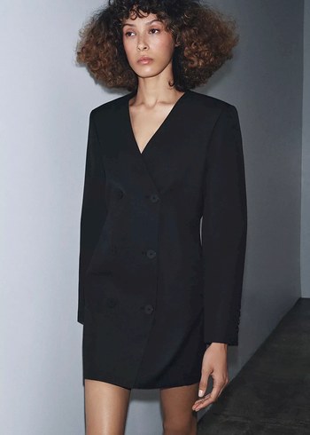 Düğmeli Siyah Mini Kadın Blazer elbise - Görsel 2